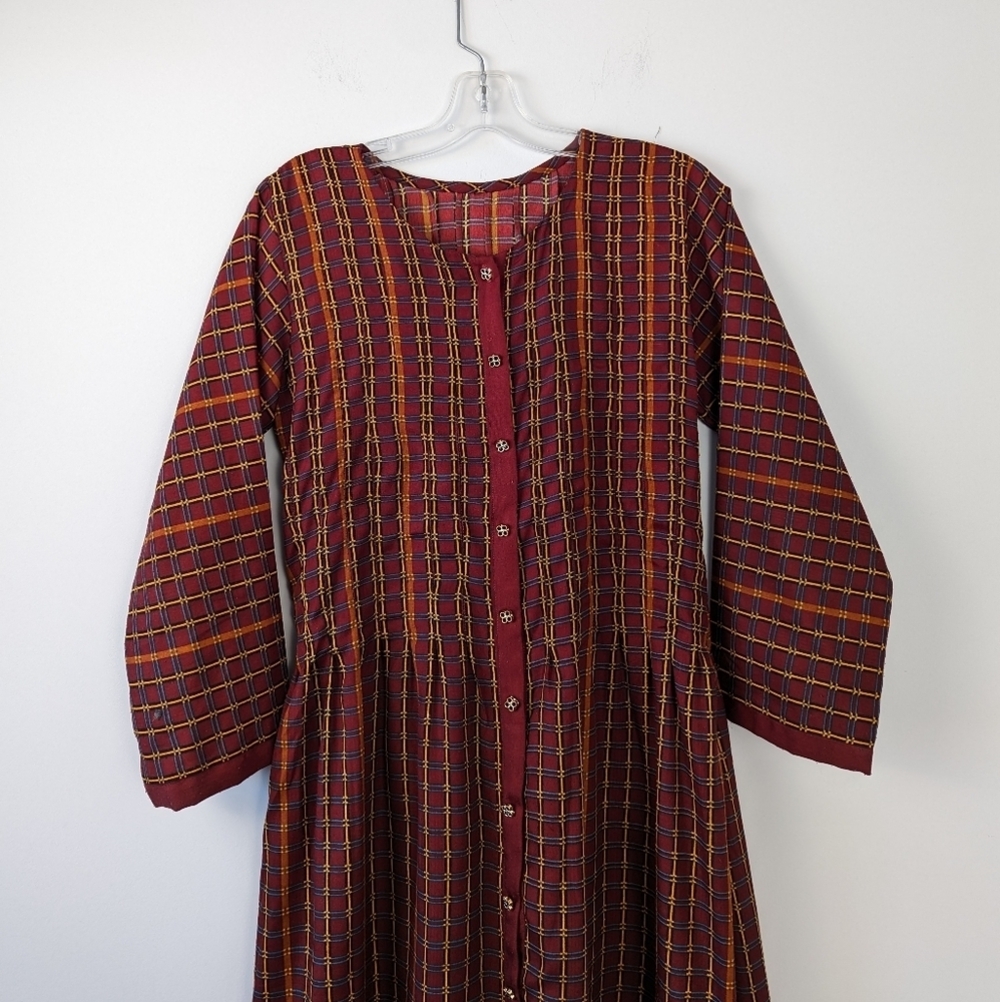 Maxi Dress Maroon with Yellow and Blue Grid Pattern - Appro size S